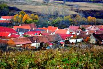 Typical rural landscape and peasant houses in Garbova, Transylvania, Romania. The settlement was...