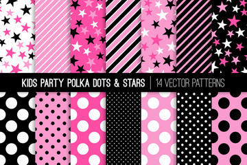 Hot Pink, Pink, Black and White Polka Dots, Stars and Stripes Vector Patterns. Cute Girly Backgrounds. Kids Party Decor. Children Birthday Invitation Backdrops. Pattern Tile Swatches Included.