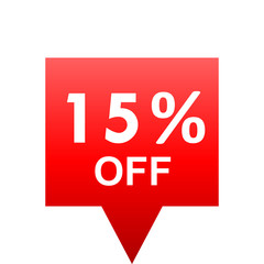 Sale - 15 percent off - red gradient tag isolated - vector