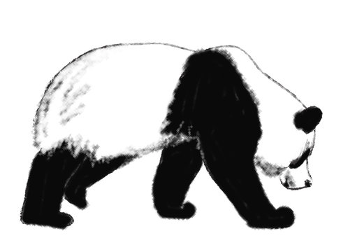 Big panda or bamboo bear. Simple black and white brush drawing. Isolated image of a running panda on a white background. Styling in watercolor.