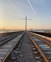 Fototapeta na wymiar Railway bridge over the river, Voronezh, Russia.