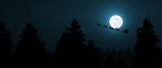 Obraz na płótnie Canvas Santa Claus flying in his sleigh over the moon