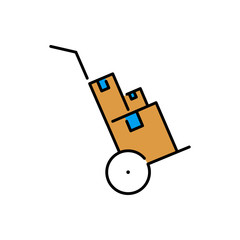 Símbolo logística con icono lineal de carretilla con cajas de cartón en varios colores