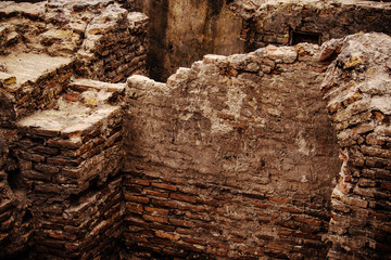 Old aged ruins of brick building ancient underground city