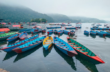 Multicolored traditional rowboats on the morning lake water in Pokhara, Gandaki Pradesh, Nepal....