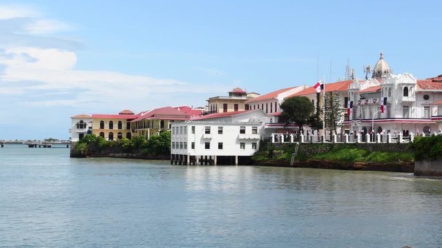 View of waterfront and old town Casco Viejo in Panama City in Panama, sunny sky, day. Gulf of Panama.