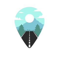 illustration of blue navigation marker with road trees mountains sun and clouds.