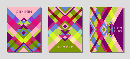 Cover page layout vector template geometric design with triangles and stripes pattern.