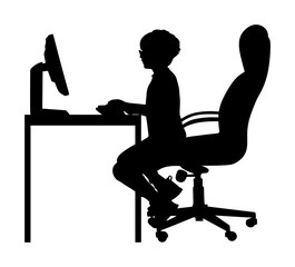 Gamer boy play video game on computer vector silhouette isolated on white. Virtual player sitting and watching computer. School kid addict. Child learning on internet. Smart boy love cyber sport.