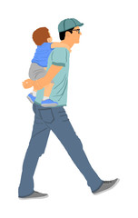 Fototapeta na wymiar Father carrying son on back and walking vector illustration. Parent spend time with son. Man holding boy in walk. Fathers day. Happy family closeness in public. I love my dad. Birthday celebration.