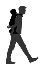 Fototapeta na wymiar Father carrying son on back and walking vector silhouette. Parent spend time with son. Man holding boy in walk. Fathers day. Happy family closeness in public. I love my dad. Birthday celebration.
