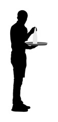Waiter holding tray with order drinks for guests vector silhouette. Servant in restaurant taking orders. Worker in pub serve food and drinks for client. Barman welcomes guest. Cocktails and beverage.