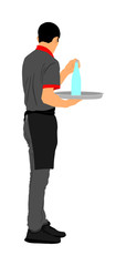 Professional waiter holding tray with order drinks for guests vector. Servant in restaurant taking orders. Worker in pub serve food and drinks for client. Barman welcomes guest Cocktails and beverage.