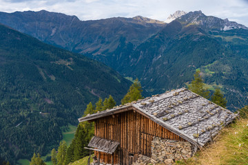 wooden hut in the alps, stubai valley, tyrol