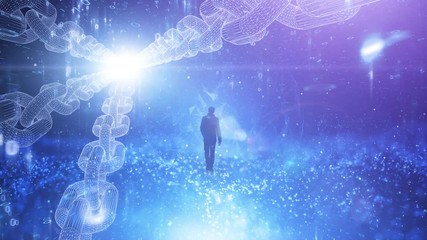 Man walks alone in artistic digital computer cyberspace network with rotating chains. Animation background. - Powered by Adobe