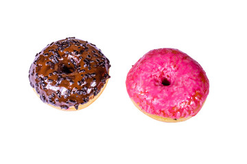 Two glazed donuts isolated on a white background