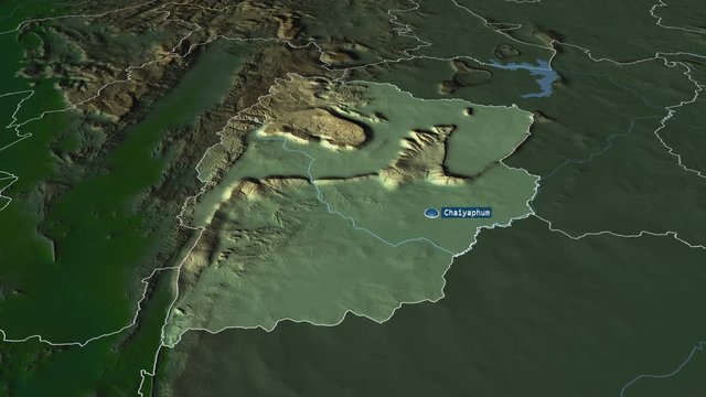 Chaiyaphum - province of Thailand with its capital zoomed on the physical map of the globe. Animation 3D
