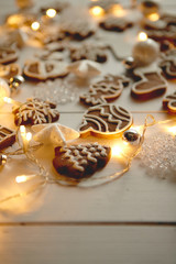 Fototapeta na wymiar Christmas sweets composition. Gingerbread cookies with xmas decorations