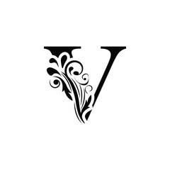 letter V. Black flower alphabet.  Beautiful capital letters with shadow