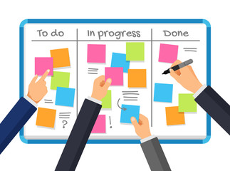 Vector notice board and business planning. Schedule on a task board. Sticker board with the businessman hands. Empty notes on a white board. Teamwork and business time management concept.