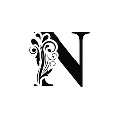 letter N. Black flower alphabet.  Beautiful capital letters with shadow