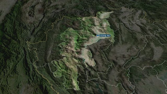 Chiang Mai - province of Thailand with its capital zoomed on the satellite map of the globe. Animation 3D