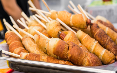Traditional South Korean corn dogs at a street food market