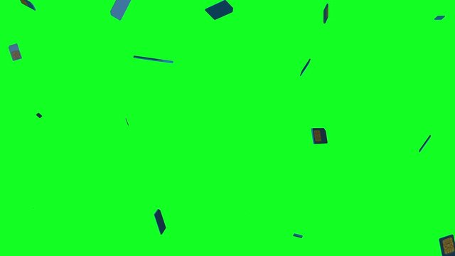 Blue Sim cards chips falling and fluttering on green screen. 3d Simcards of mobile phone on chroma key. Electronic technology concept. Microchips communication background. Animation in 4k