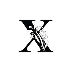 letter X. Black flower alphabet.  Beautiful capital letters.