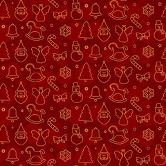 Christmas seamless pattern design with thin line gold icons of winter holiday theme on red background