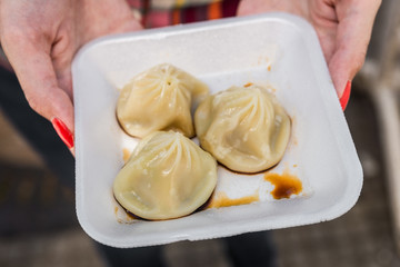 Gyoza with soy sauce, traditional Chinese pork dumplings, at a street food market