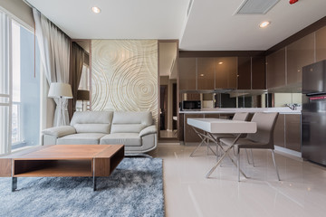 Modern living room and kitchen in small apartment 