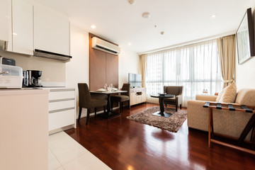 Modern living room and kitchen in small apartment 