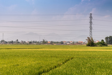Nha Trang, Vietnam - March 11, 2019: Phuoc Trach rural neighborhood. Black high voltage pylon in and cables above green rice paddy. Housing and mountains on horizon.