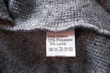 Wrong side of a gray dress made of wool, the composition is specified: cotton, polyester and lycra....