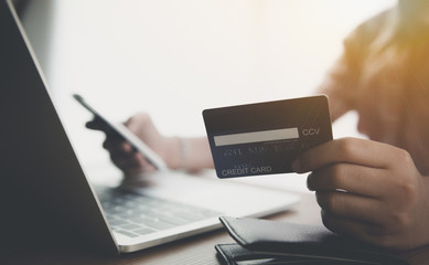 Online shopping, payment at the store, credit card, concept