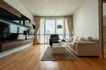 Modern living room and kitchen in small apartment 