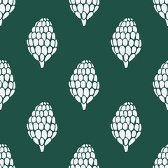 Seamless pattern with hand drawn doodle pine and fir conifer cones. Vector winter decoration with white drawing on dark green background. New Year and Christmas poster, textile, fabric print template