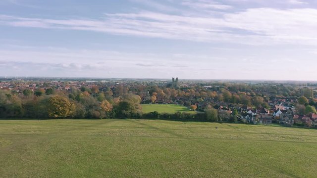 Aerial drone view of Beverley market town in East Yorkshire, North of England during Atumn / Fall, 2019