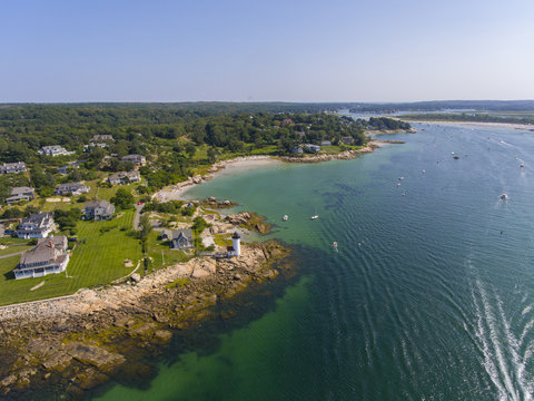 Annisquam Harbor Lighthouse top view, Gloucester, Cape Ann, Massachusetts, MA, USA. This historic lighthouse was built in 1898 on the Annisquam River.