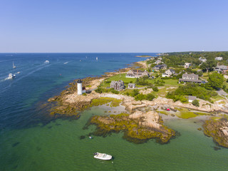 Annisquam Harbor Lighthouse top view, Gloucester, Cape Ann, Massachusetts, MA, USA. This historic lighthouse was built in 1898 on the Annisquam River.
