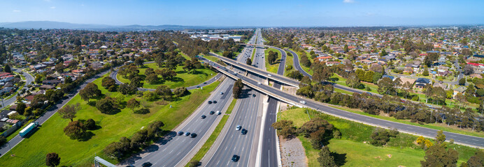 Aerial panorama of Monash Freeway and Wellington Road interchange in Mulgrave suburb of Melbourne,...