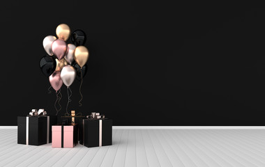 3d render illustration of realistic glossy colorful balloons and gift box with ribbon bow on black background. Empty space for birthday, party, promotion social media banners, posters. © Meranna