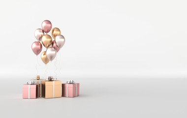 3d render illustration of realistic glossy colorful balloons and gift box with ribbon bow on white background. Empty space for birthday, party, promotion social media banners, posters. © Meranna