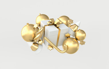 Merry Christmas and Happy New Year 3d render illustration card with white and golden xmas balls, stars, christmas tree, gift box. Winter decoration, xmas minimal design