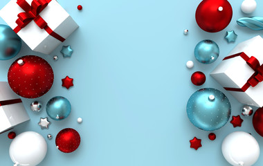 Merry Christmas and Happy New Year 3d render illustration card with colorful and golden xmas balls, stars, christmas tree, gift box. Winter decoration, xmas minimal design. Flat lay, top view