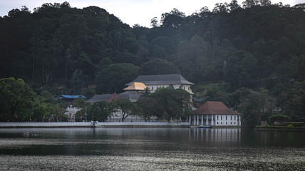 Kandy city aerial panoramic view from the lake at the center of the Kandy city, Sri Maha Bodhi temple.