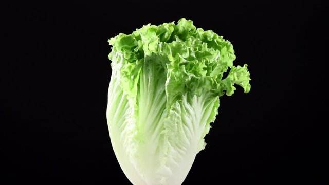 Fresh raw green lettuce rotating over black background