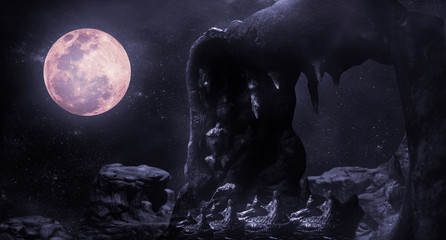 Naklejka na ściany i meble During the night time, the rocky mountains had full moon and stars.