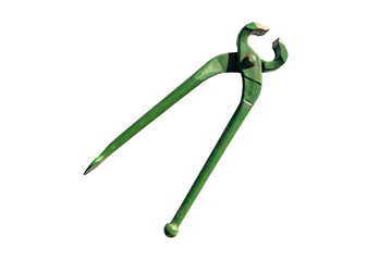 Old, classic metal pincers in green, isolated on a white background with a clipping path.